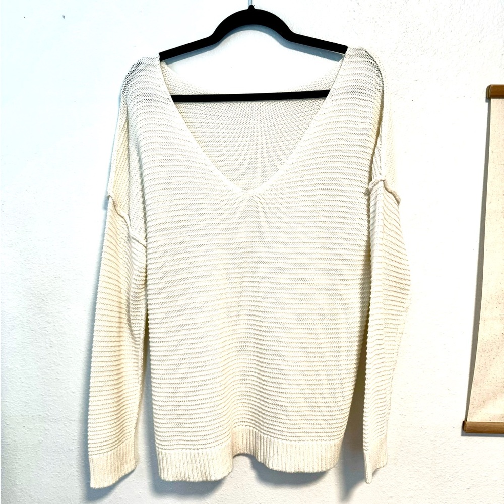 Off The Shoulder Oversized V Neck Sweater - Apricot / Cream